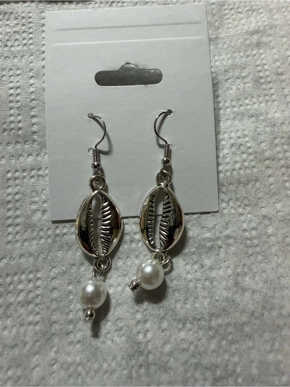 Silver Cowrie Shell Drop Earrings with Pearl Accent